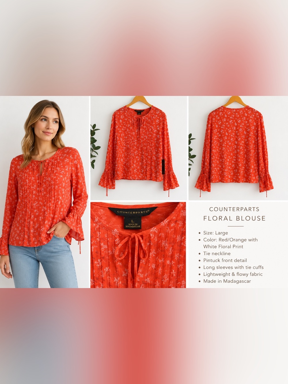Counterparts Red Orange Floral Blouse – Size Large – NWT